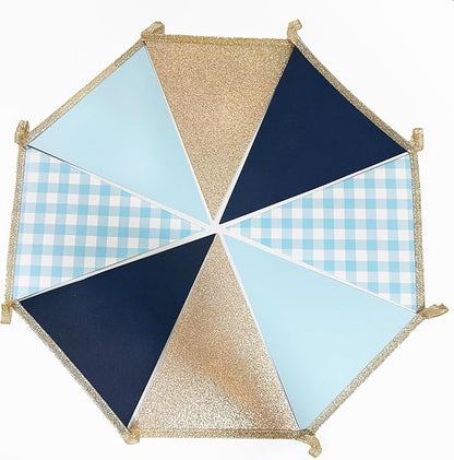 Navy Blue Champagne Gold Dusty Blue Buffalo Plaid Pennant Banner Flag Hanging Glitter Paper Triangle Bunting for Birthday Baby Shower Wedding Bachelor Retirement Nautical Party Decorations Supplies
