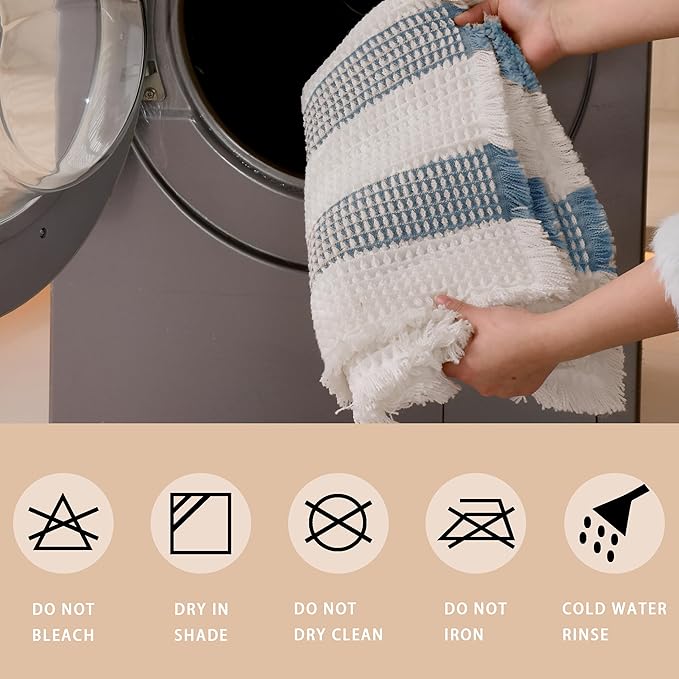 Waffle Bath Mat Non Slip, Boho Bathroom Rug, Super Absorbent Quick Dry Bathroom Mat, Soft Farmhouse Bath Rug with Tassels, Small Washable Shower Mats for Floor 20"x32", White and Blue