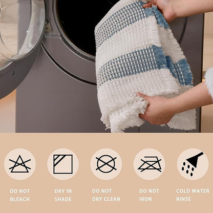 Waffle Bath Mat Non Slip, Boho Bathroom Rug, Super Absorbent Quick Dry Bathroom Mat, Soft Farmhouse Bath Rug with Tassels, Small Washable Shower Mats for Floor 16"x24", White and Blue