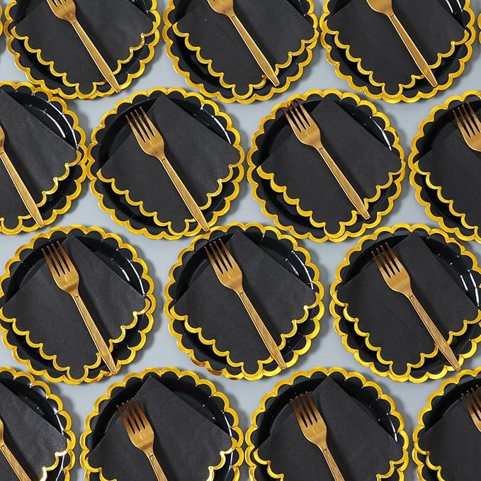 black & gold scalloped party plates with napkins and fork gold foil border, 24 Guest Black disposable Tableware Set Party Decoration for Birthday Coquette Bridal Baby Shower Valentines