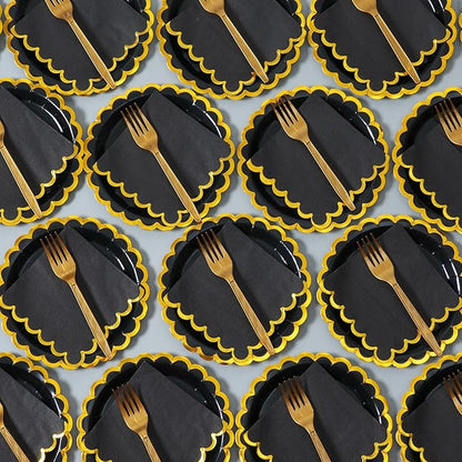 black & gold scalloped party plates with napkins and fork gold foil border, 24 Guest Black disposable Tableware Set Party Decoration for Birthday Coquette Bridal Baby Shower Valentines