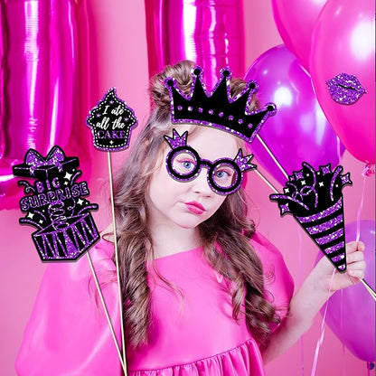 CC HOME 36Pcs Happy Birthday Photo Booth Props, Glitter Purple Birthday Party Decorations Party Favor for Forever Young Cheers Party Time Birthday Party Supplies Party Essentials