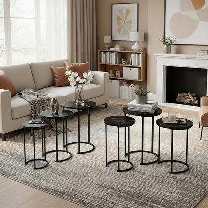 Lavish Home 6-Piece Nesting Table Set – Round Faux Marble Side & End Tables – Modern Space-Saving Accent Furniture for Living Room, Bedroom, Apartment, or Home Office (Black)