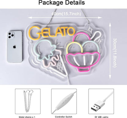 Gelato Neon Sign, Neon Lights Hanging Wall Art Decoration for Restaturant Shop Food Truck Market Bakeries Café Celebration Home Decor, USB Powered Ultra Bright Dimmable,15.75×11.8inches
