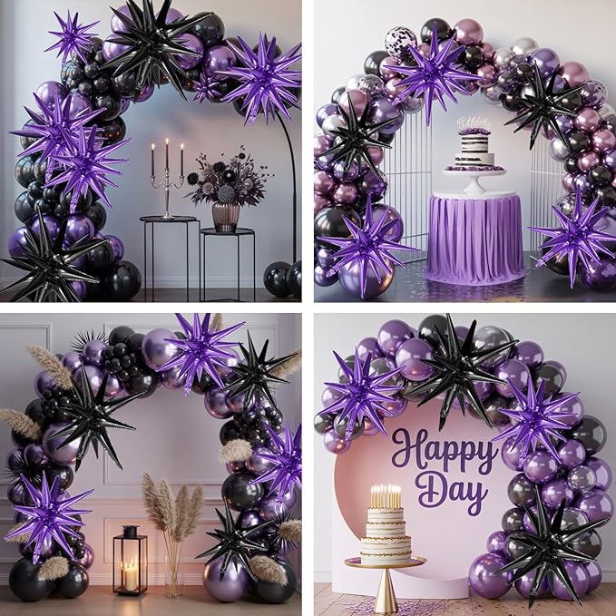 Black Purple Star Balloons,9Pcs 22Inch Black Purple Explosion Spike Cone Helium Polyester Film Star Foil Balloons for Birthday Halloween Anniversary Baby Shower Party Decorations
