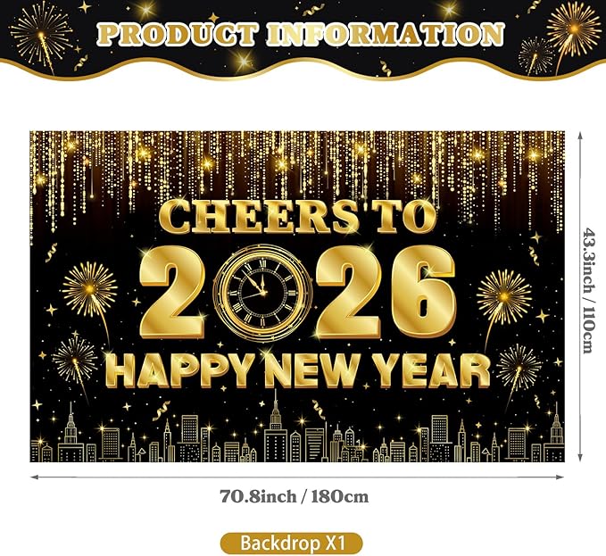 New Years Decorations 2026 - Happy New Years Eve Party Supplies Include Banner, Backdrop, Door Banner, Foil 2026 Balloons, Latex Balloons, Swirls for NYE Party Decorations