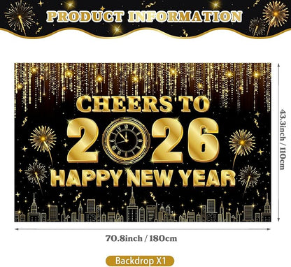 New Years Decorations 2026 - Happy New Years Eve Party Supplies Include Banner, Backdrop, Door Banner, Foil 2026 Balloons, Latex Balloons, Swirls for NYE Party Decorations