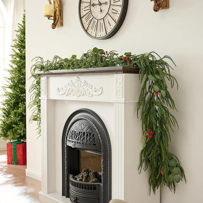 9FT Christmas Garland with Lights, Battery Operated Garland with Red Berries and Eucalyptus Leaves, Real Touch Artificial Prelit Garland for Mantle, Fireplace, Table, Stairs & Christmas Decorations