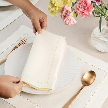 D'Moksha Homes Ivory Linen Napkins Set of 8 - Classic Hemstitch 100% Pure Linen Hemstitch Dinner Napkins 20 x 20 Inch for Winter, Christmas, Holiday - Handcrafted and Machine Washable