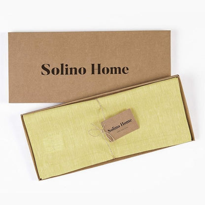 Solino Home Linen Small Table Runner 48 Inches - Athena, 100% Pure Linen Chambray Yellow Table Runner 14 x 48 Inch Ideal for Dresser and Coffee Tables