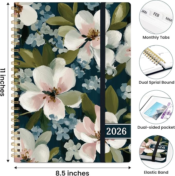2026 Planner, Weekly and Monthly Planner for Women, Jan 2026 - Dec 2026 Pretty 2026 Calendar Planner with Monthly Tabs, Inner Pocket, Spiral Binding, Perfect for Office Home School - 8.5" x 11", Bloom Whisper