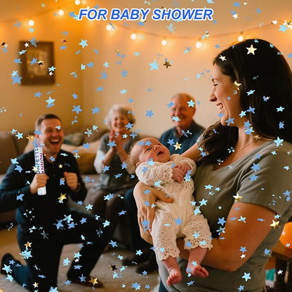 4 Pack Gender Reveal Confetti Cannon, 12 in Blue Star Shaped Paper Party Poppers Cannons, Confetti Poppers For Baby Boy Gender Reveal Baby Showers (Star, Blue)
