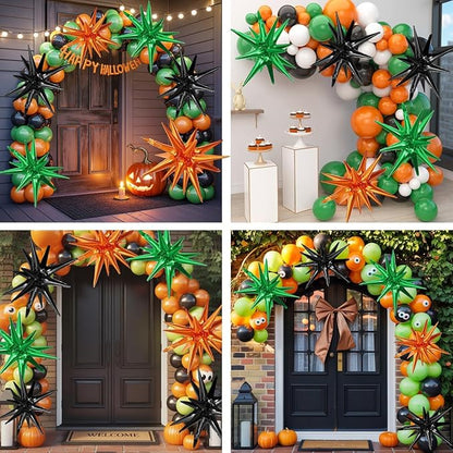 Black Green Orange Star Balloons,9Pcs 22Inch Black Orange Green Explosion Spike Cone Helium Polyester Film Star Foil Balloons for Halloween Birthday Baby Shower Party Decorations