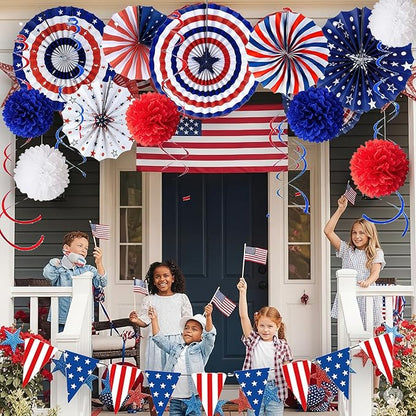 32PCS 4th of July Patriotic Decorations Red White Blue Paper Fans USA Flag Pennant Star Streamer Pom Poms Hanging Swirls For Veterans Labor Presidents Flag Memorial Day Indoor Outdoor Outside