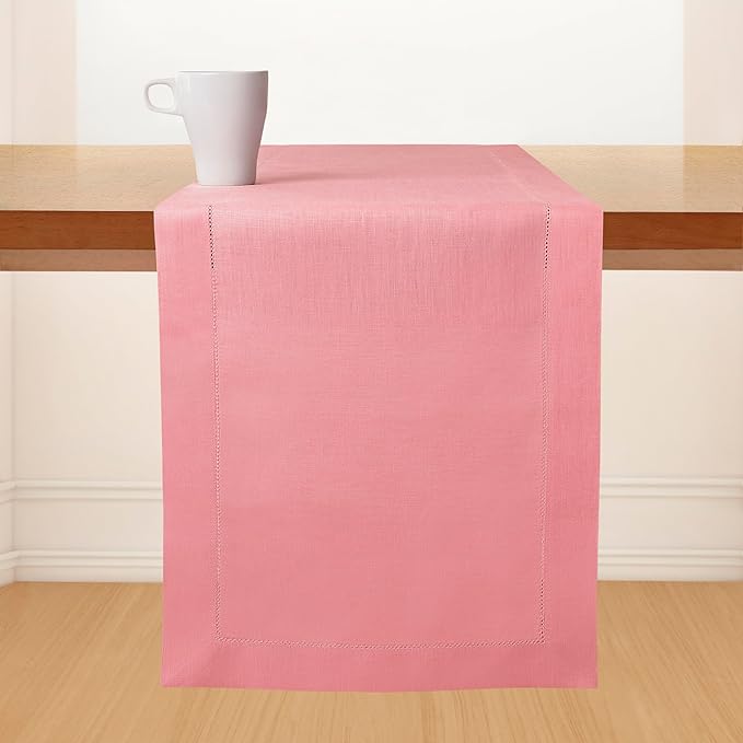 D'Moksha Homes Linen Dusty Pink Table Runner 120 Inches Long - 100% Pure Linen Hemstitch 14 x 120 Inch Table Runner for Dining, Winter, Christmas, Holiday - Classic Hemstitch