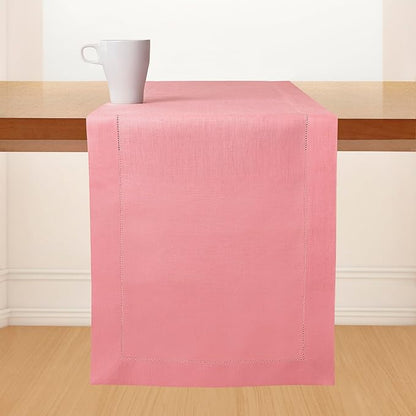 D'Moksha Homes Linen Dusty Pink Table Runner 48 Inches - Classic Hemstitch, 100% Pure Linen Coffee Table Runner 14 x 48 Inch Ideal for Dresser Tables - Winter, Christmas, Holiday