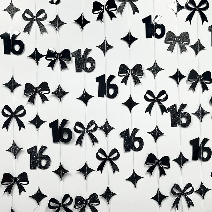Black 16th Bow Birthday Decorations Metallic Conquette Bow Garland Streamer Banner Backdrop for Girls Boys Happy 16th Birthday Sweet Sixteen Cheers to 16 Years Old Anniversary Party Supplies