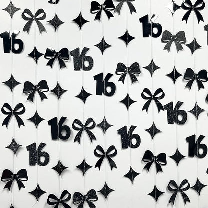 Black 16th Bow Birthday Decorations Metallic Conquette Bow Garland Streamer Banner Backdrop for Girls Boys Happy 16th Birthday Sweet Sixteen Cheers to 16 Years Old Anniversary Party Supplies