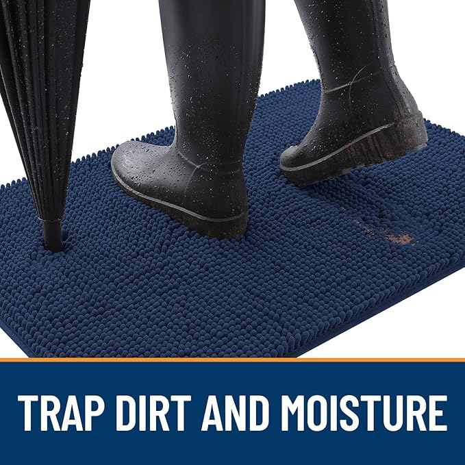 OLANLY Dog Door Mat for Muddy Paws 50x30, Absorbs Moisture and Dirt, Absorbent Non-Slip Washable Doormat, Quick Dry Chenille Mud Mat for Dogs, Entry Indoor Entryway Carpet for Inside Floor, Dark Blue