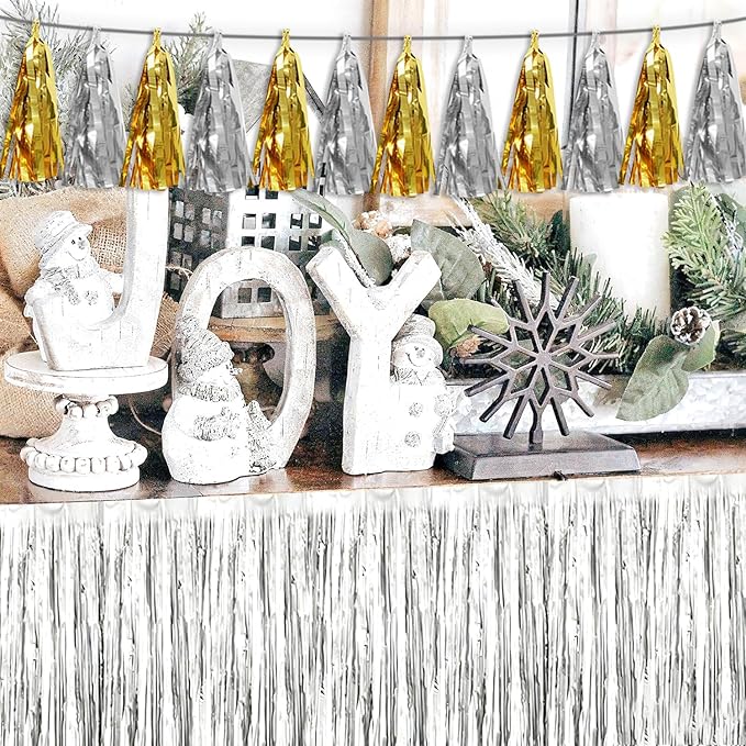 3P Gold Silver Tassel Banner Garland Metallic Foil Fringe Banner Tinsel Tassels Streamer Banner Backdrop for Parade Floats, Graduation Decorations, Father' Day, Halloween, Christmas Decorations