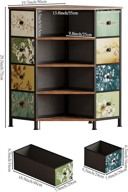 LUMTOK 8 Drawers Corner Dresser with Storage Fabric Drawers and Open Shelves for Small Space，Bedroom，Entryway，Living Room (Retro Pattern)