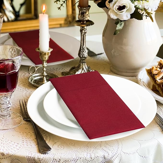 KAMMAK Burgundy Napkins Disposbale Wine Red Cloth like Paper Dinner Napkins with Pocket 100 Pack Guest Hand Towel for Party Decoration, Wedding Reception, Bathroon, Restaurant (16.5 x 16.5 inch)