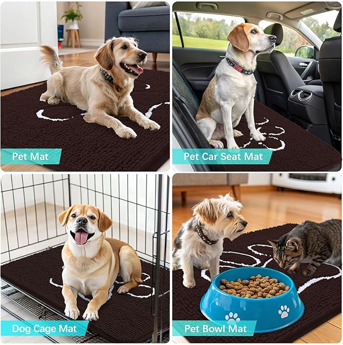 OLANLY Dog Door Mat for Muddy Paws 35x24, Paw Print Design, Absorbs Moisture and Dirt, Absorbent Non-Slip Washable Doormat, Quick Dry Chenille Mud Mat for Dogs, Entry Indoor Entryway Carpet, Brown