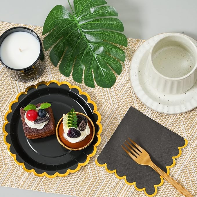 black & gold scalloped party plates with napkins and fork gold foil border, 24 Guest Black disposable Tableware Set Party Decoration for Birthday Coquette Bridal Baby Shower Valentines