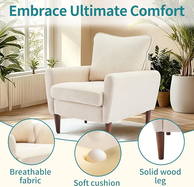 OLIXIS Comfy Accent Chair for Living Room Bedroom and Waiting Room, Upholstered Mid-Century Reading Chair with Pillow and Solid Wood Legs, Wide Singe Modern Lounge Sofa (Beige, 2 Pack)