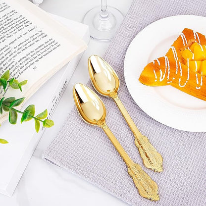 WDF 100 Piece Gold Plastic Spoons Disposable - 6.93 Inch Baroque Gold Spoons Plastic Silverware for Dessert Cake - Heavy Duty for Thanksgiving Party, Wedding or Daily Using