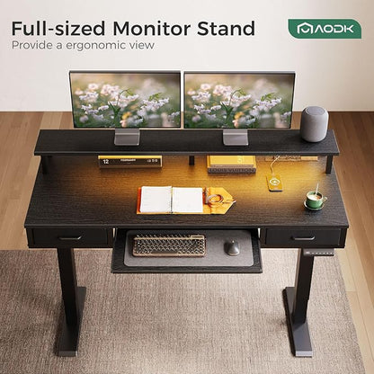 AODK Electric Standing Desk with Drawers & Keyboard Tray, 55 Inch Height Adjustable Desk with Power Outlets & LED Lights, Sit Stand Table with Monitor Stand for Home, Office, Black