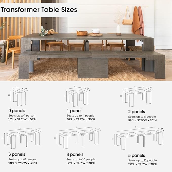 Transformer Table - Solid Wood Extendable Dining Table, Seats 2-12, Expandable Dining Room Table, Space-Saving Furniture, Kitchen and Dining Room Furniture (Dark Grey, Table Only)