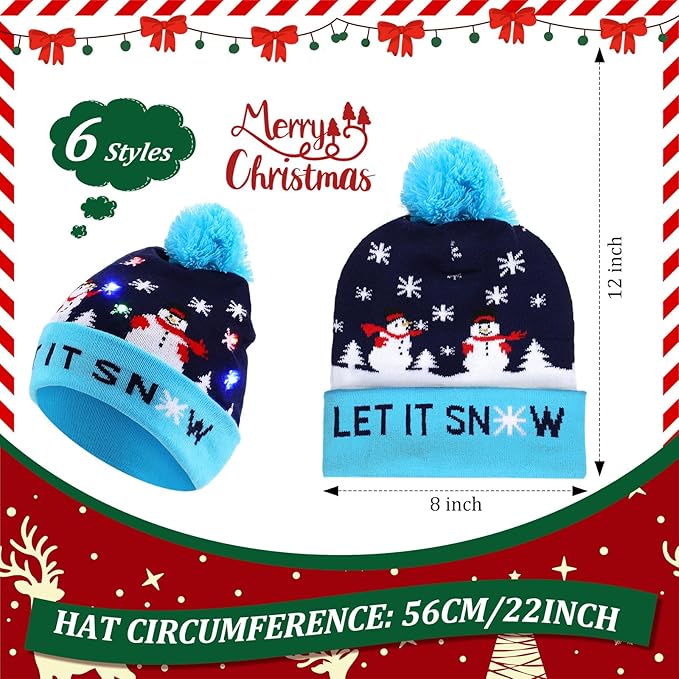 Vicenpal 6 Pcs Christmas Knitted Hat Xmas Beanie Hat Bulk Crochet Knit Cap Set Printed Wool Bulk