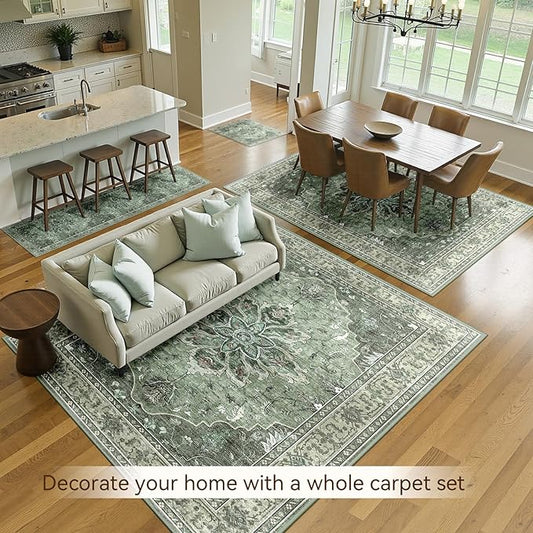 Area Rugs Square 8ft Washable Non-Slip, Floral Vintage Distress Print Pattern Medallion Carpet for Living Room Bedroom Dining Room, Dark Green Gray