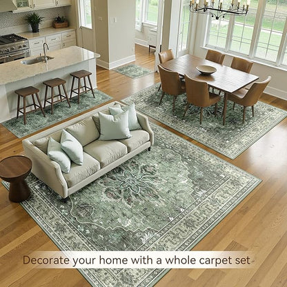 Area Rugs 8'x10' Washable Non-Slip, Floral Vintage Distress Print Pattern Medallion Carpet for Living Room Bedroom Dining Room, Dark Green Gray