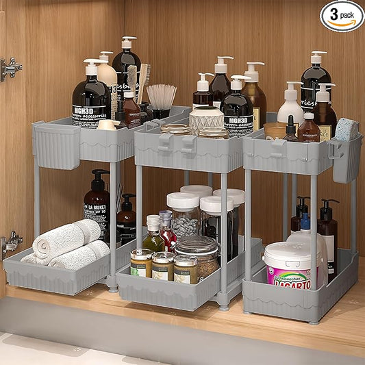 3 Pack Under Sink Organizers, 2-Tier Multi-Use Kitchen and Bathroom Organizers and Storage with Sliding Drawers, Bathroom Cabinet Organizer (Gray, 12.8 Inch)