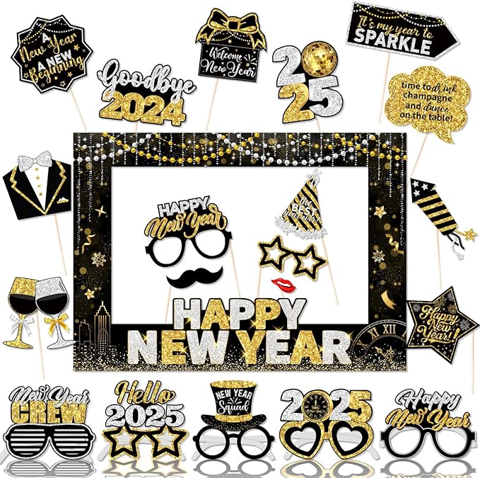 2025 New Years Photo Booth Props,New Years Eve Party Supplies 2025 Black Gold New Year Photo Booth Props with Photo Frame for New Years Eve Party Decorations