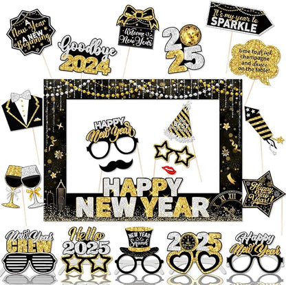 2025 New Years Photo Booth Props,New Years Eve Party Supplies 2025 Black Gold New Year Photo Booth Props with Photo Frame for New Years Eve Party Decorations