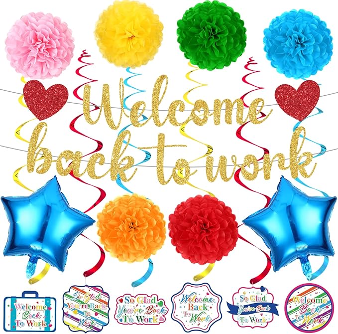 15pcs Welcome Back to Work Decorations for Office Colorful So Glad You're Back To Work Banner Hanging Swirls Balloons Pompoms for Office Work Anniversary Decor for Home, Office Party Supplies