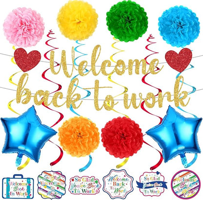 15pcs Welcome Back to Work Decorations for Office Colorful So Glad You're Back To Work Banner Hanging Swirls Balloons Pompoms for Office Work Anniversary Decor for Home, Office Party Supplies