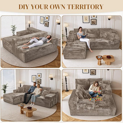 108" L Shaped Boneless Sectional Couches for Living Room, Comfy Corduroy Floor Cloud Sofa with Chaise, Wide Armrest, Deep Seat, Memory Foam, Assembly Free, Ideal for Small Spaces, Brown