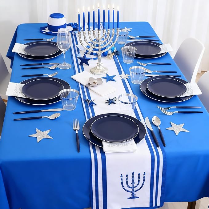 KIRE 175Pcs Blue Plastic Plates with Silver Rim & Disposable Silverware with Blue Handle & Silver-rim Cups & Hand Napkin & Plastic Dinnerware for Hanukkah/Parties/Wedding
