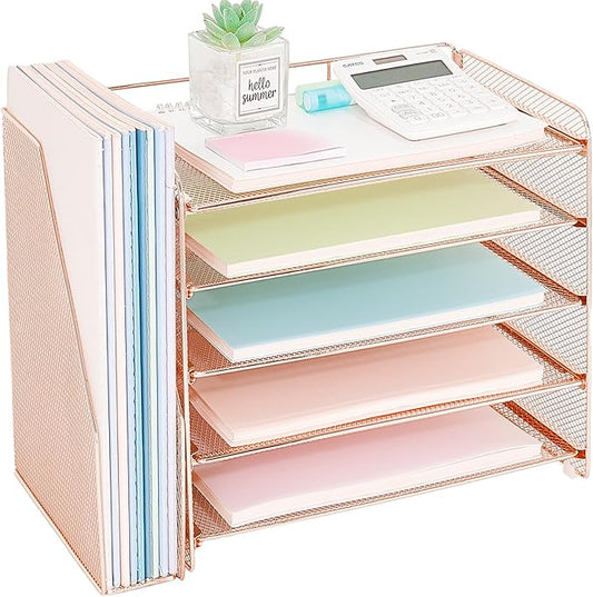 OPNICE 5-Tier Paper Organizer with Magazine Holder, Desk Organizers and Accessories, Office Desk Accessories & Workspace Organizers, Desktop File Organizer for Office Supplies Storage, Rose Gold