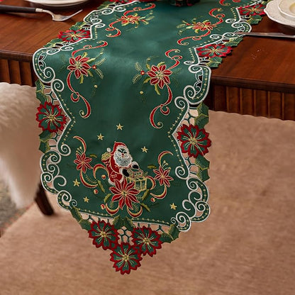 Joyfol Day Christmas Embroidered Green Table Runner 14 x 69 Inch, Cutwork Poinsettia Holly Leaves Santa Claus Table Runners, Tabletop Decoration for Winter Holiday Xmas/Dinner Party