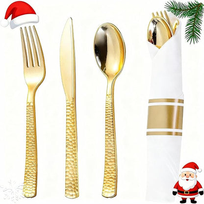 WELLIFE 50 Pack Gold Plastic Silverware with Pre Rolled Napkins,Gold Disposable Utensils, Includes: 50 Forks,50 Knives,50 Spoons,50 Napkins,gold Silverware Disposable for Christmas