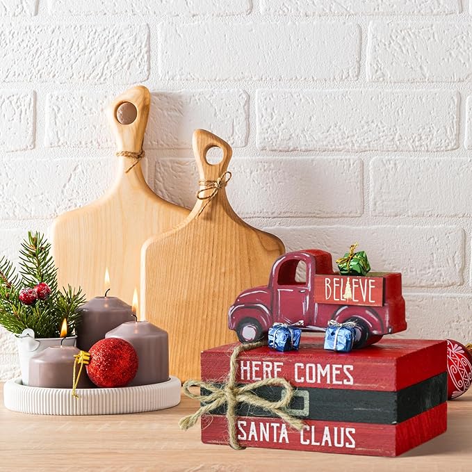 Smile Christmas Wooden Books Stack, Santa Claus Belt Sleigh Faux Books Bundle, Rustic Tiered Tray indoor Decorations, for Home Kitchen Table Mantle Shelf
