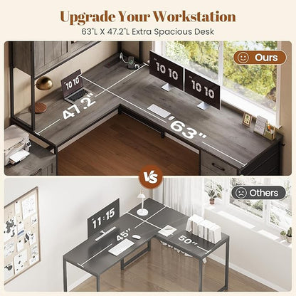 SEDETA Farmhouse L Shaped Office Desk with 6 Drawer, Reversible Computer Desk with Power Outlet, Hutch for Home Office/Two Person, Corner Desk with File Drawer & Printer Storage Shelves, Grey
