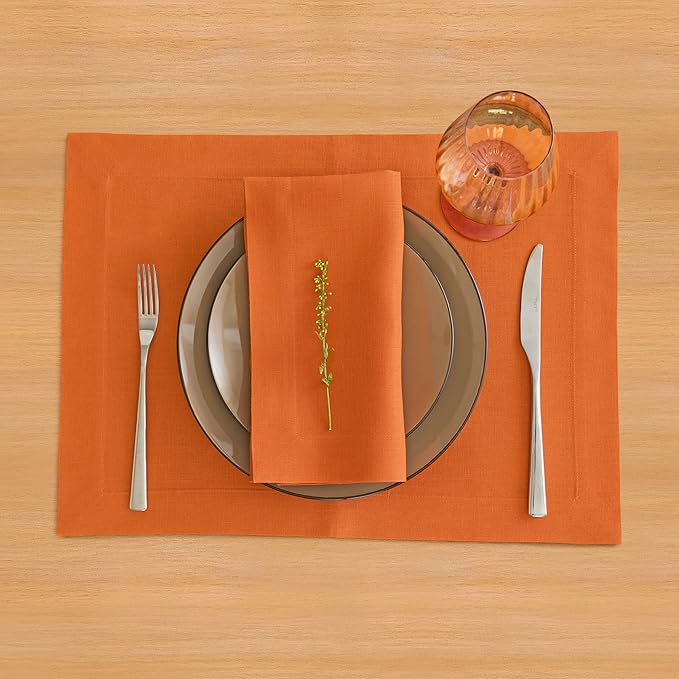 Solino Home Linen Napkins Set of 4-100% Pure Linen Persimmon Orange Dinner Napkins Cloth 20 x 20 Inch for Fall, Autumn, Christmas, New Year - Fete, Handcrafted and Machine Washable