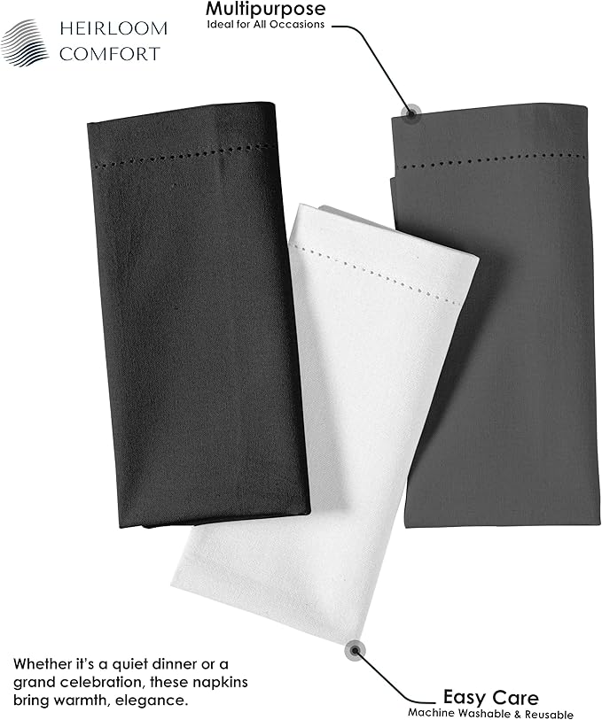Multi Color Cloth Napkins 18x18 Inch - Set of 12-100% Cotton, Soft, Absorbent - Perfect Hotel Quality Napkin for Table, Dinner, Weddings, Everyday Dining - White, Grey, Black