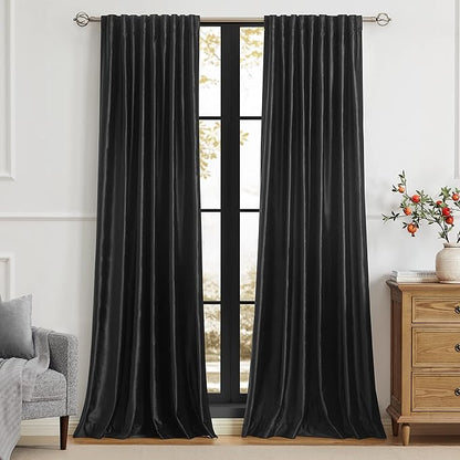 PRIMROSE Black Curtains 108 inch for Living Room Velvet Drapes Blackout Rod Pocket Back Tab Window Treatment Semi Room Darkening Decor Curtains for Bedroom Set of 2 Panels